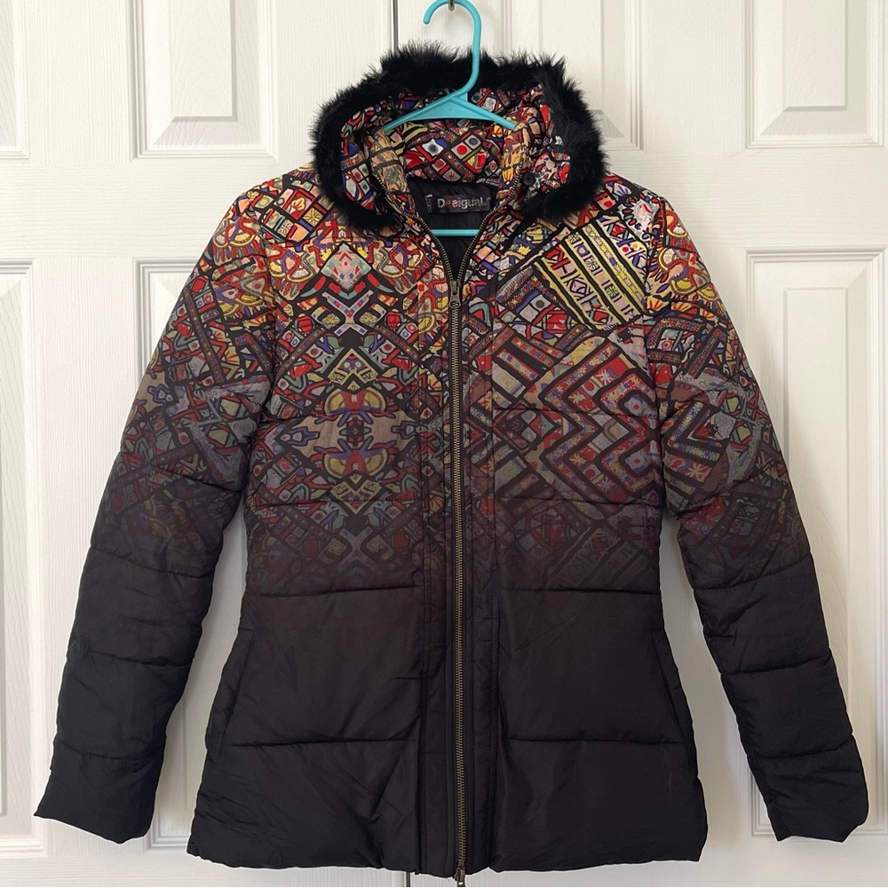 🤑 SALE Desigual Ombré Black Multi Fur trim Stained Glass Puffer Coat - Picture 4 of 14